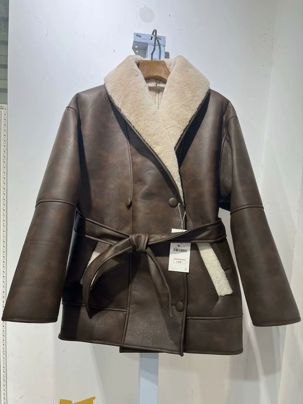 Women's Faux Leather Shearling Coat Faux-Fur Collar Belted Aviator