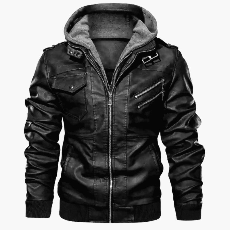 Men's Faux Leather Moto Jacket Removable Hood Asymmetric Zip Biker