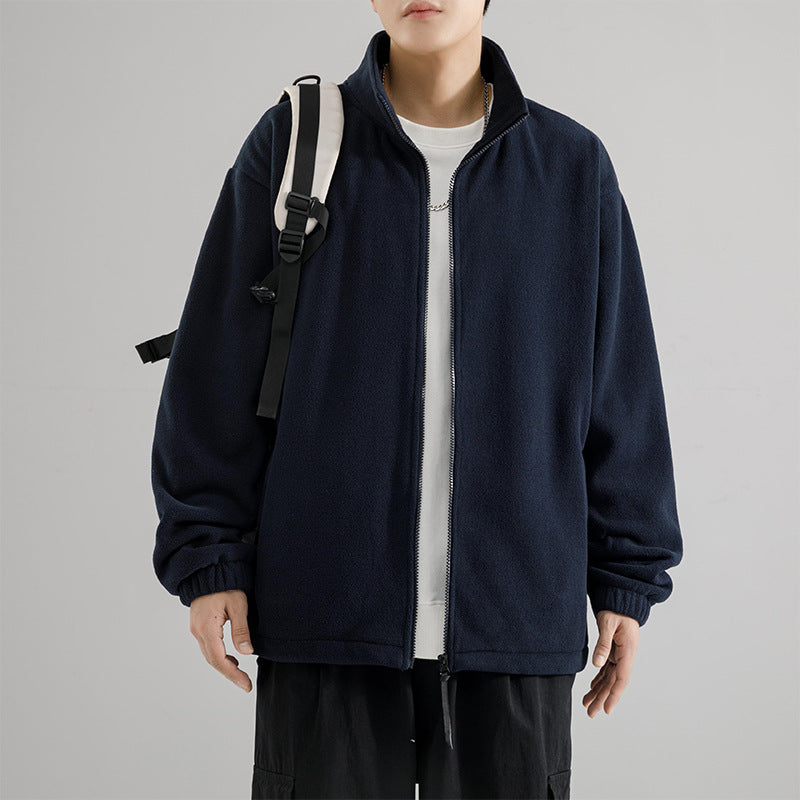 Men's Fleece Jacket Stand Collar Full-Zip Relaxed Soft Warm Minimalist