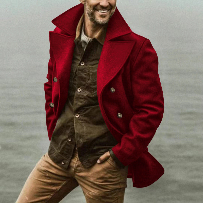 Men's Wool Blend Peacoat Double-Breasted Wide Lapel Mid-Length Tailored