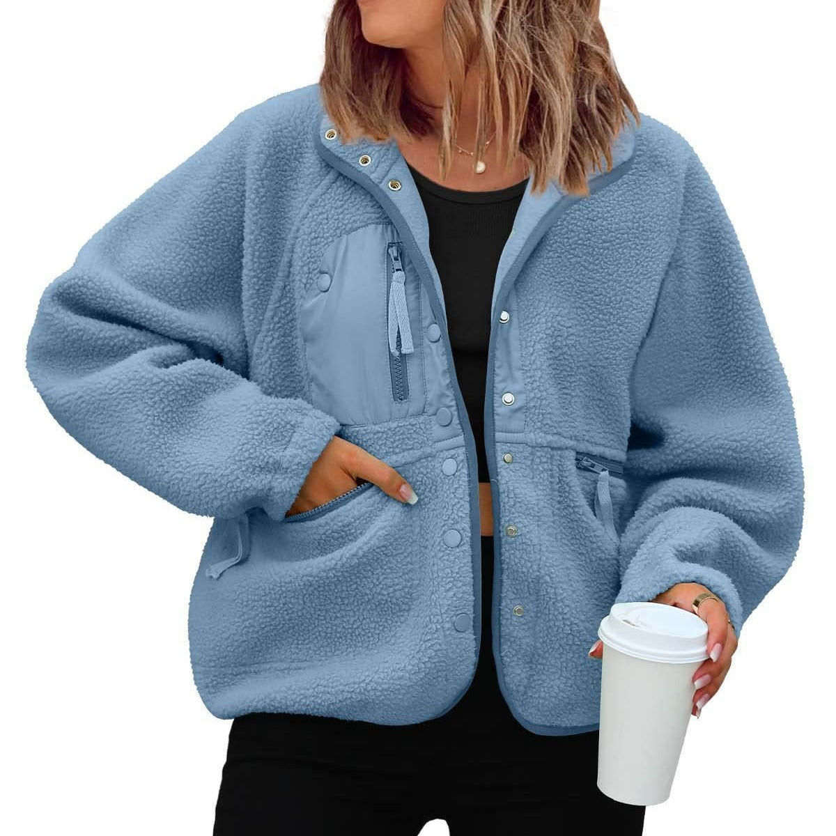 Women's Sherpa Fleece Jacket Snap-Button Zip-Pocket Stand-Collar Relaxed
