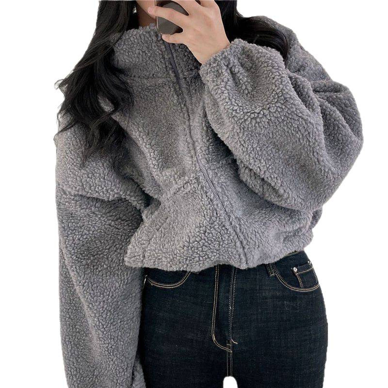 Women's Oversized Teddy Fleece Jacket Stand Collar Zip-Up Cropped