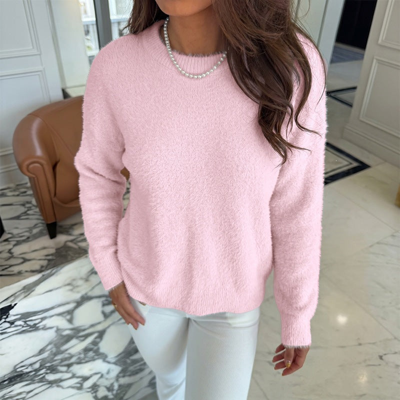 Women's Off-Shoulder Fuzzy Knit Sweater Fluffy Drop-Shoulder Relaxed Pink