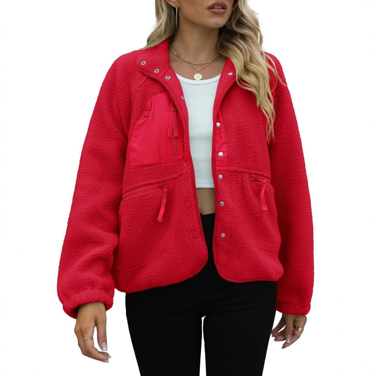 Women's Sherpa Fleece Jacket Snap-Button Zip-Pocket Stand-Collar Relaxed