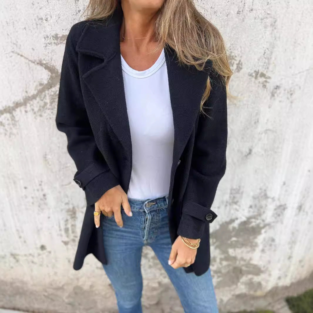 Women's Warmer Structured Fleece Coat with Double Button Row Drune