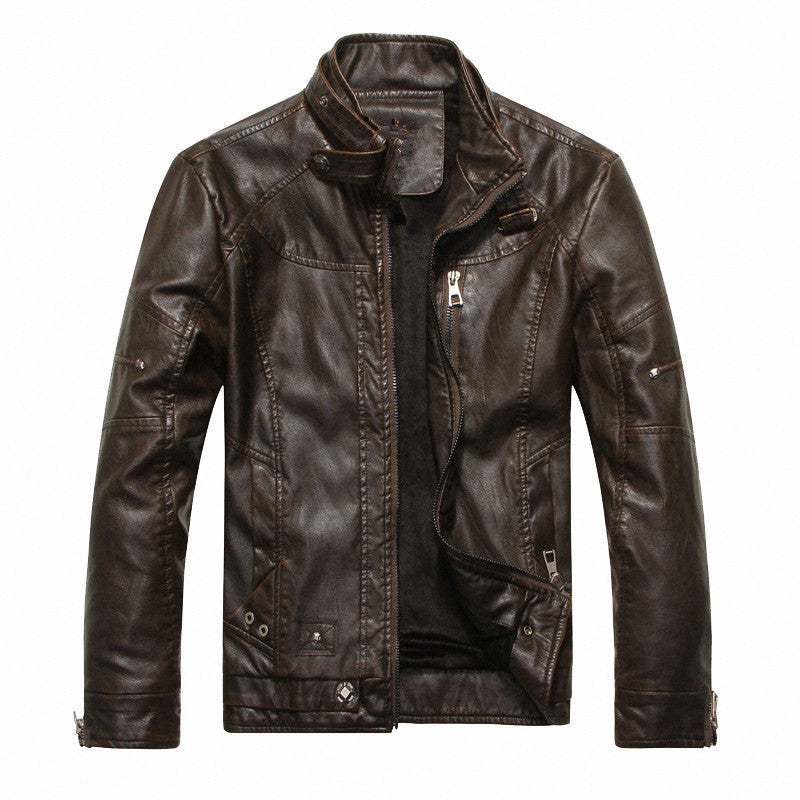 Men's Vintage Faux Leather Jacket Stand Collar Zip-Up Distressed Moto