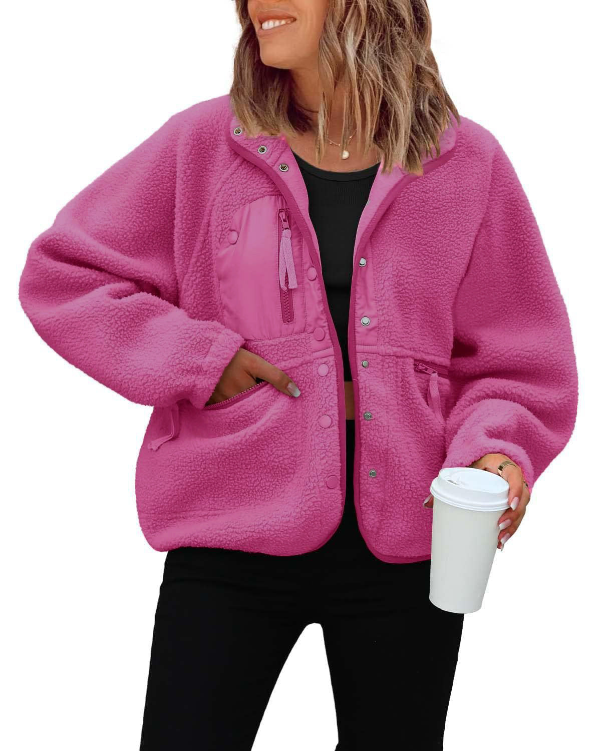 Women's Sherpa Fleece Jacket Snap-Button Zip-Pocket Stand-Collar Relaxed