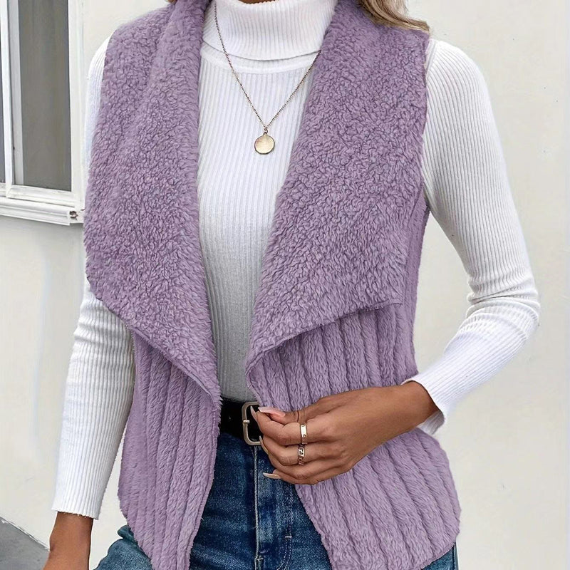Women's Sherpa Fleece Vest Lapel Collar Sleeveless Open-Front Ribbed Cozy