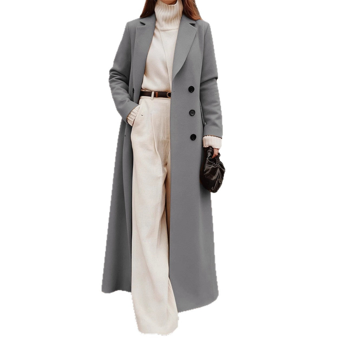 Women's Double-Breasted Wool Coat Notch Lapel Maxi Tailored Longline