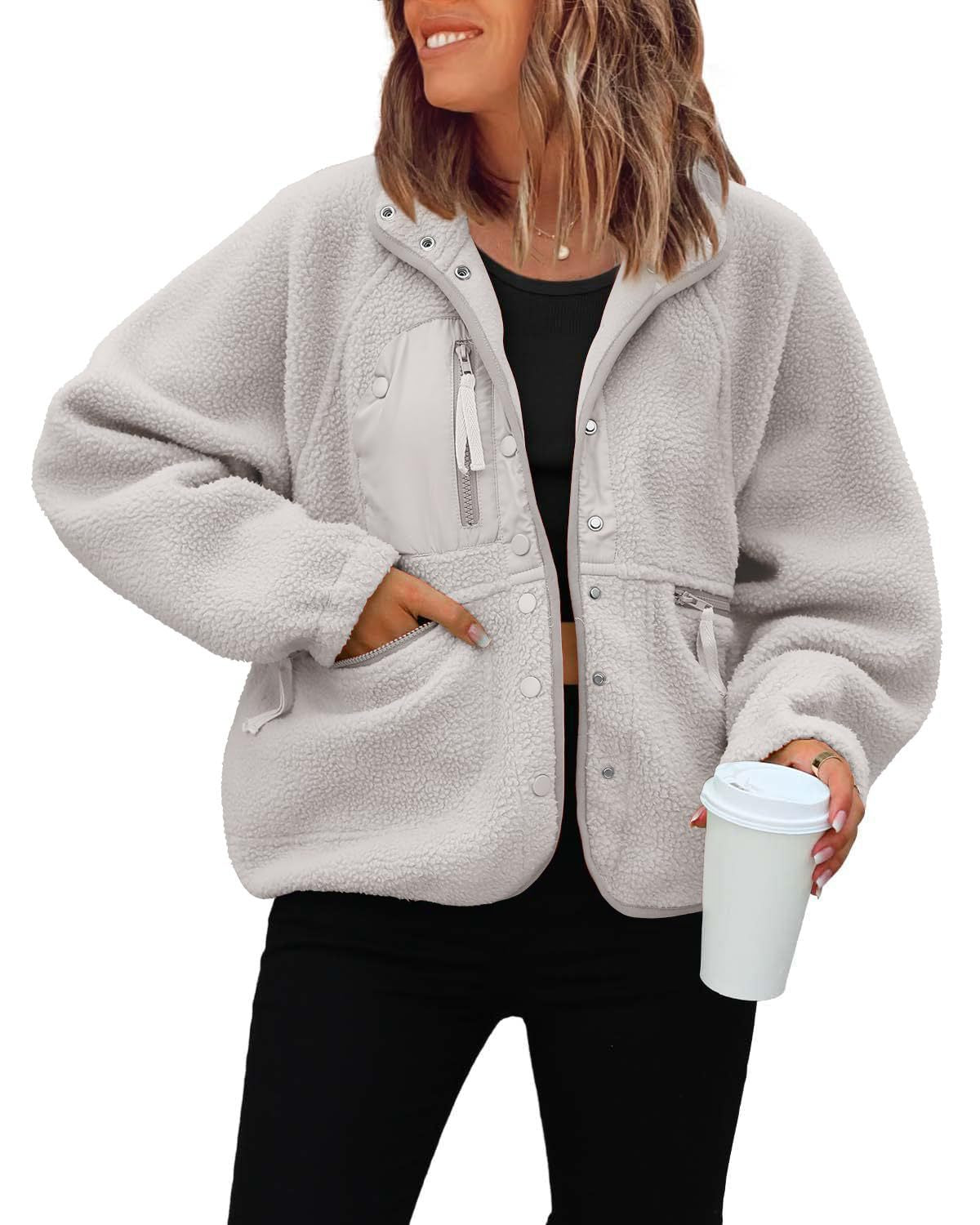 Women's Sherpa Fleece Jacket Snap-Button Zip-Pocket Stand-Collar Relaxed