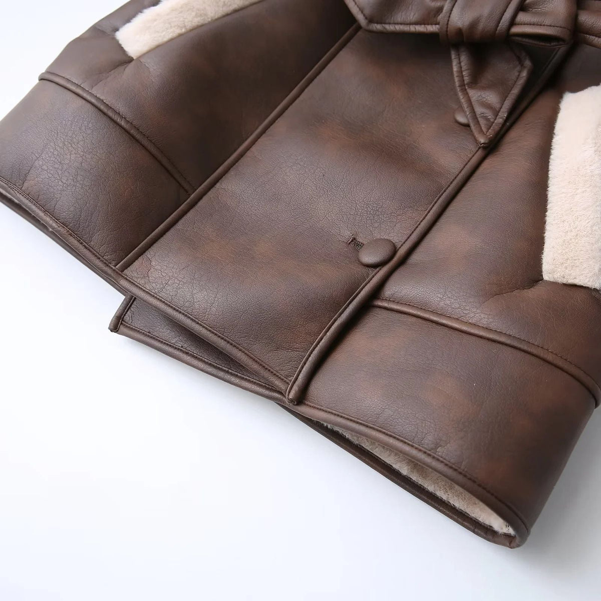 Women's Faux Leather Shearling Coat Faux-Fur Collar Belted Aviator