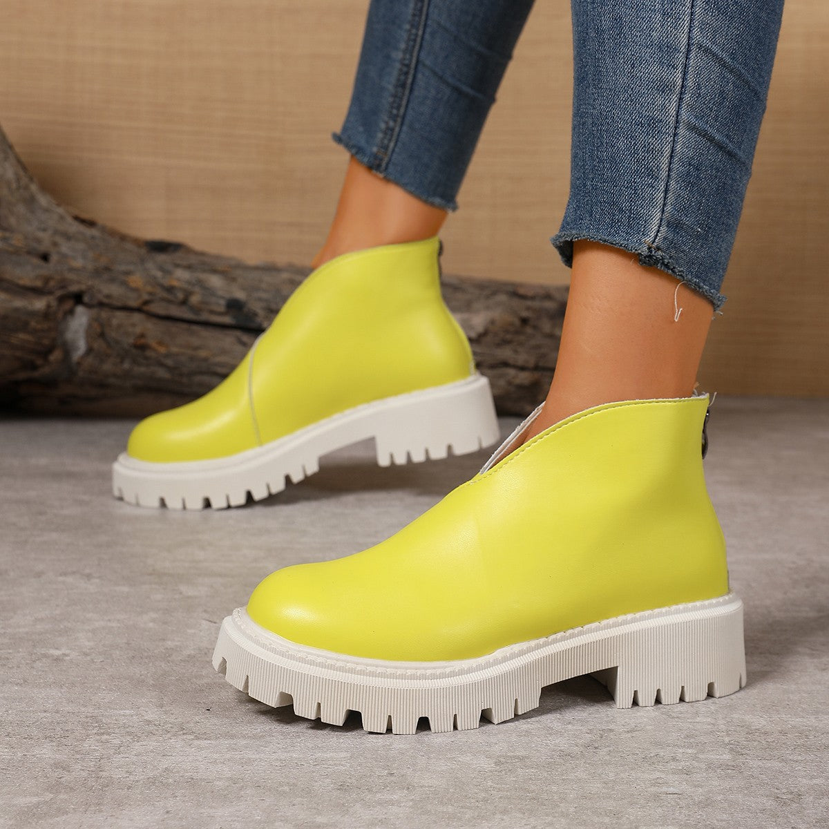 Women's Platform Chelsea Ankle Boots V-Cut Chunky Lug-Sole Slip-On