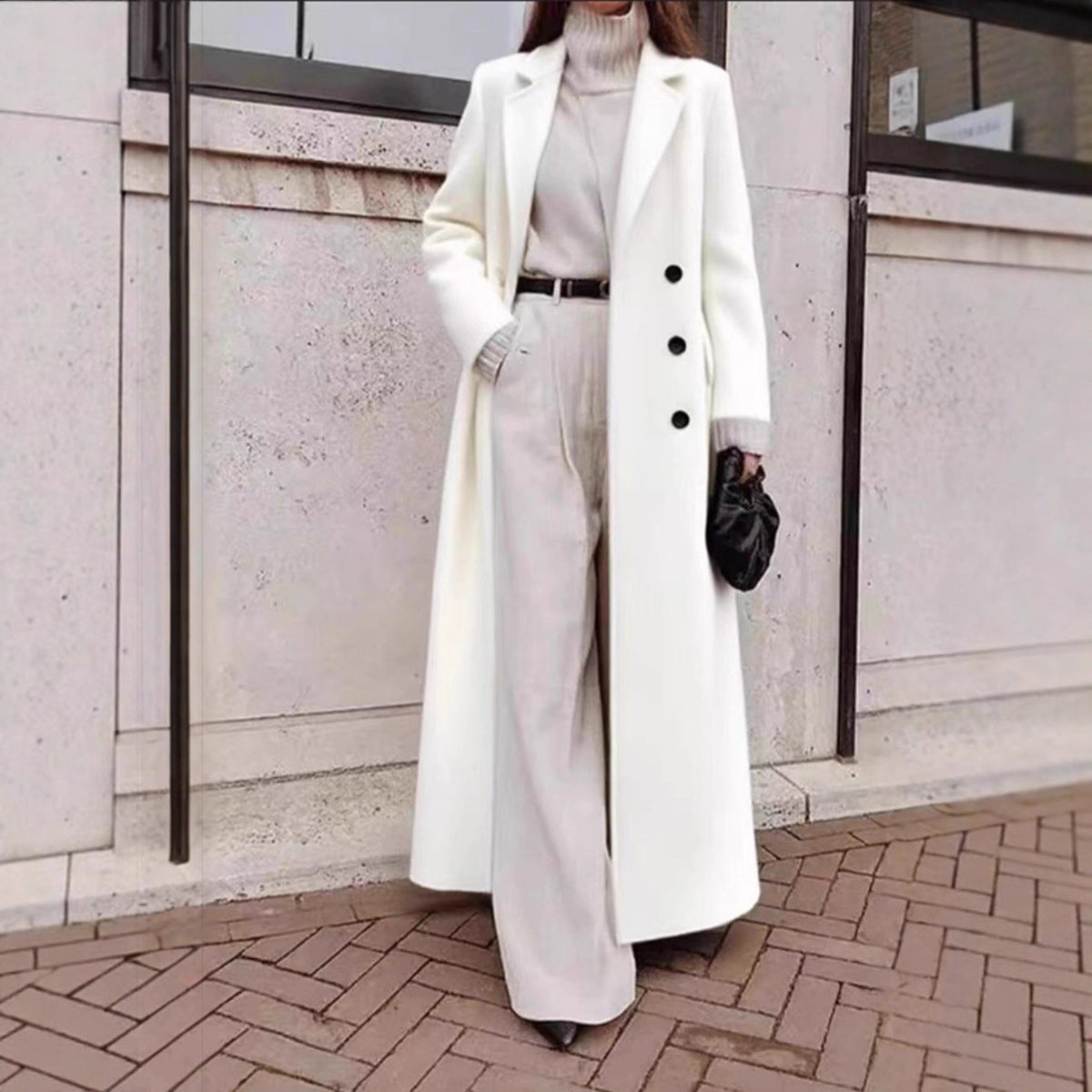Women's Double-Breasted Wool Coat Notch Lapel Maxi Tailored Longline