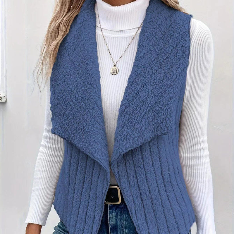 Women's Sherpa Fleece Vest Lapel Collar Sleeveless Open-Front Ribbed Cozy