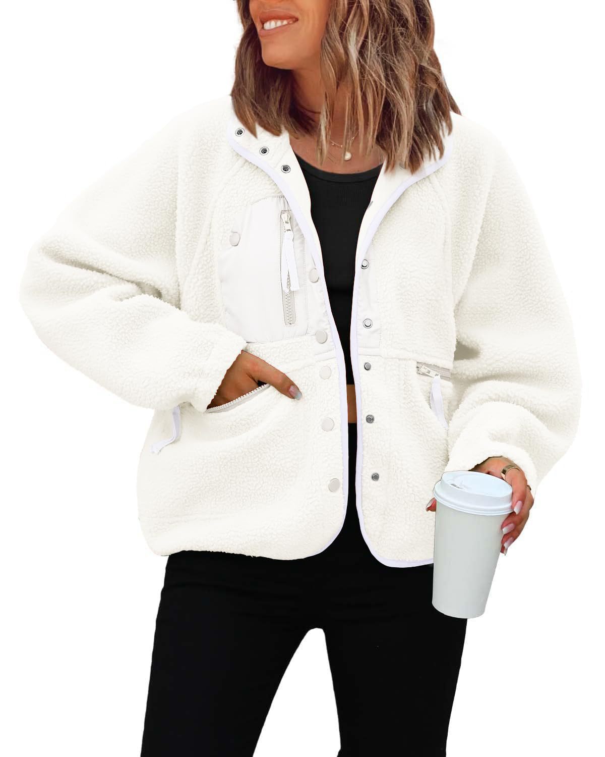 Women's Sherpa Fleece Jacket Snap-Button Zip-Pocket Stand-Collar Relaxed