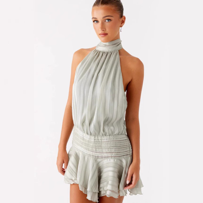 Women's Satin Halter Mini Dress High Neck Ruffle Hem Pleated Padded