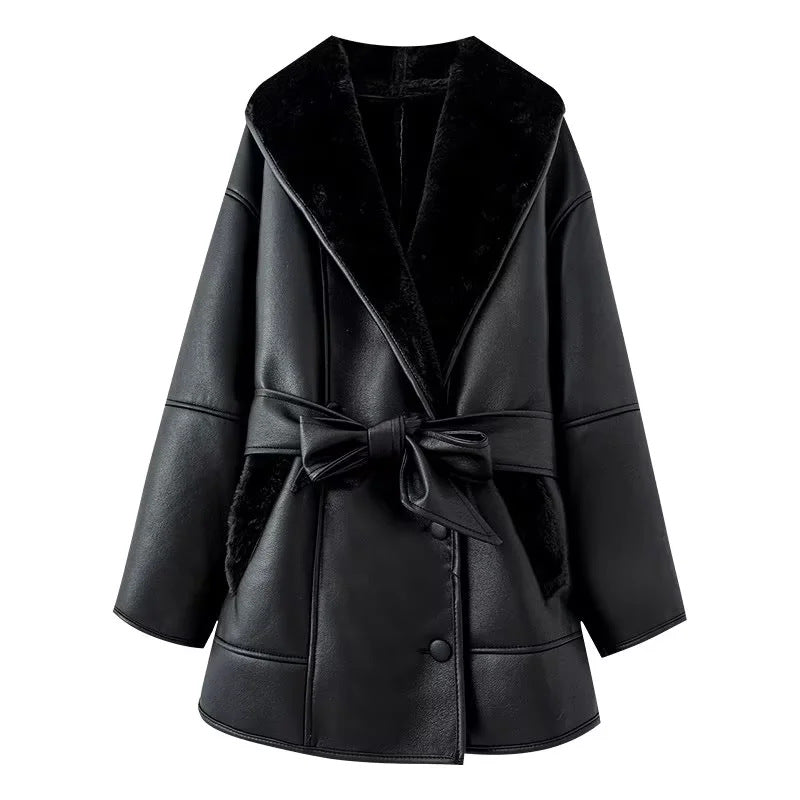 Women's Faux Leather Shearling Coat Faux-Fur Collar Belted Aviator