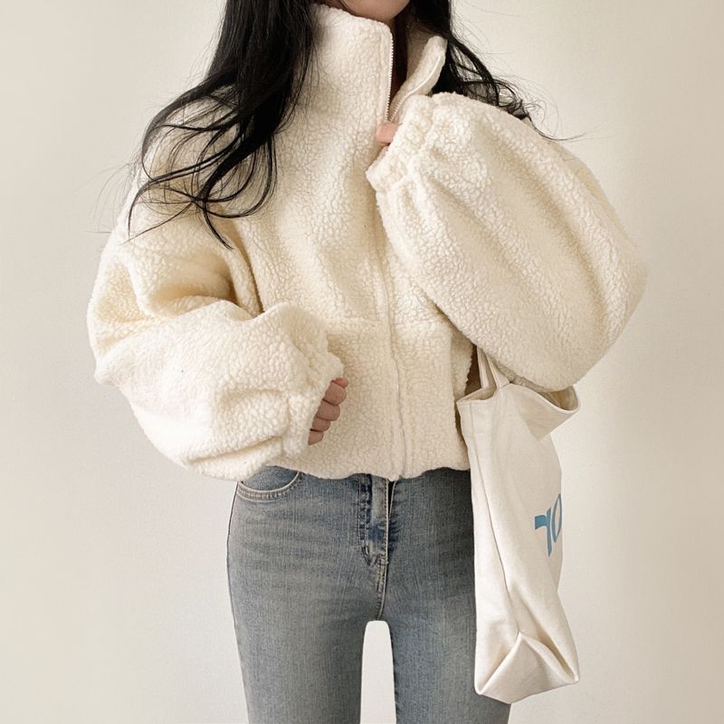 Women's Oversized Teddy Fleece Jacket Stand Collar Zip-Up Cropped