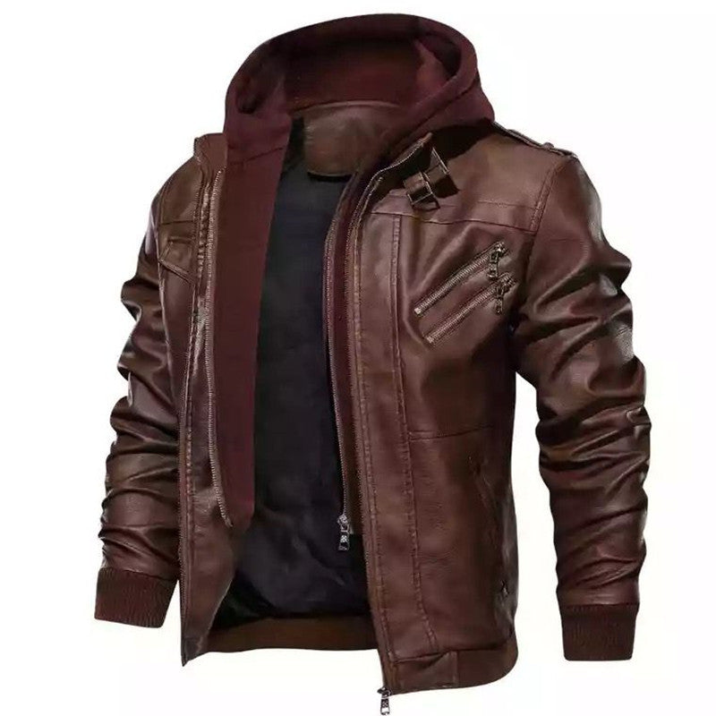 Men's Faux Leather Moto Jacket Removable Hood Asymmetric Zip Biker