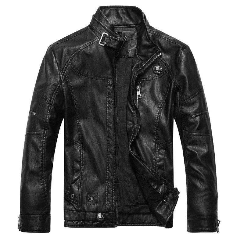 Men's Vintage Faux Leather Jacket Stand Collar Zip-Up Distressed Moto
