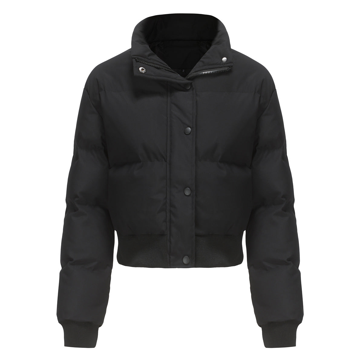 Women's Cropped Puffer Jacket High Collar Snap-Front Quilted Ribbed-Hem Warm