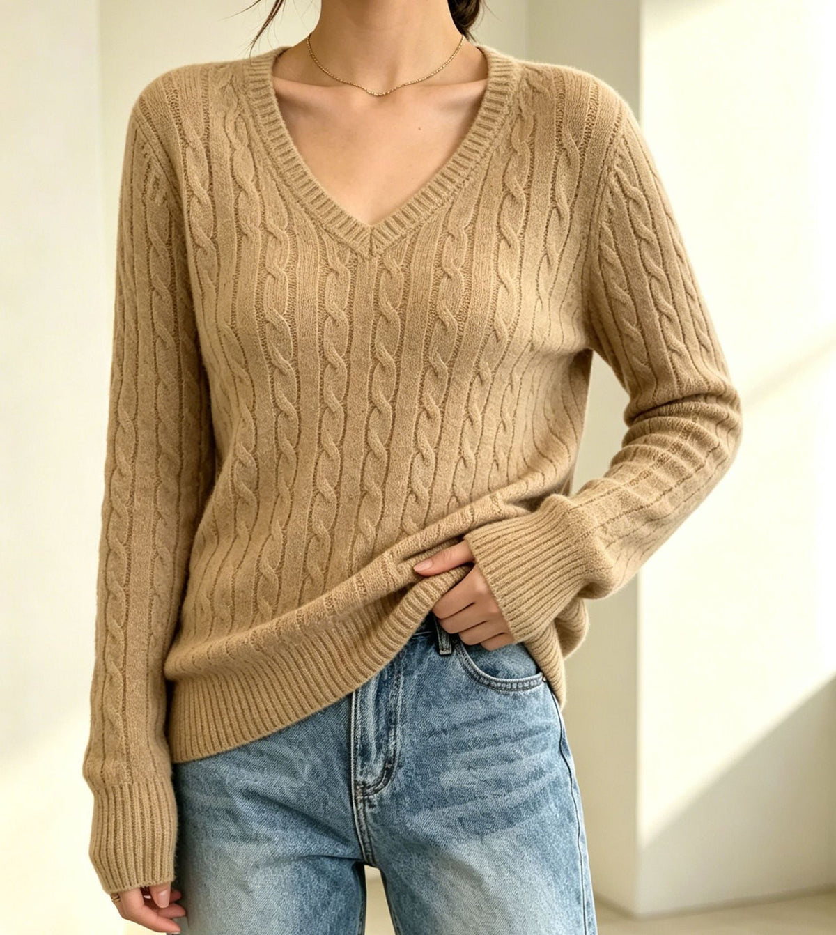 Women's Cable Knit Sweater V-Neck Fine Textured Fitted Long-Sleeve Pullover