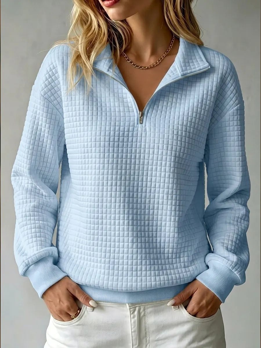 Women's Waffle Quilted Half-Zip Sweatshirt Collared Drop-Shoulder Relaxed Textured