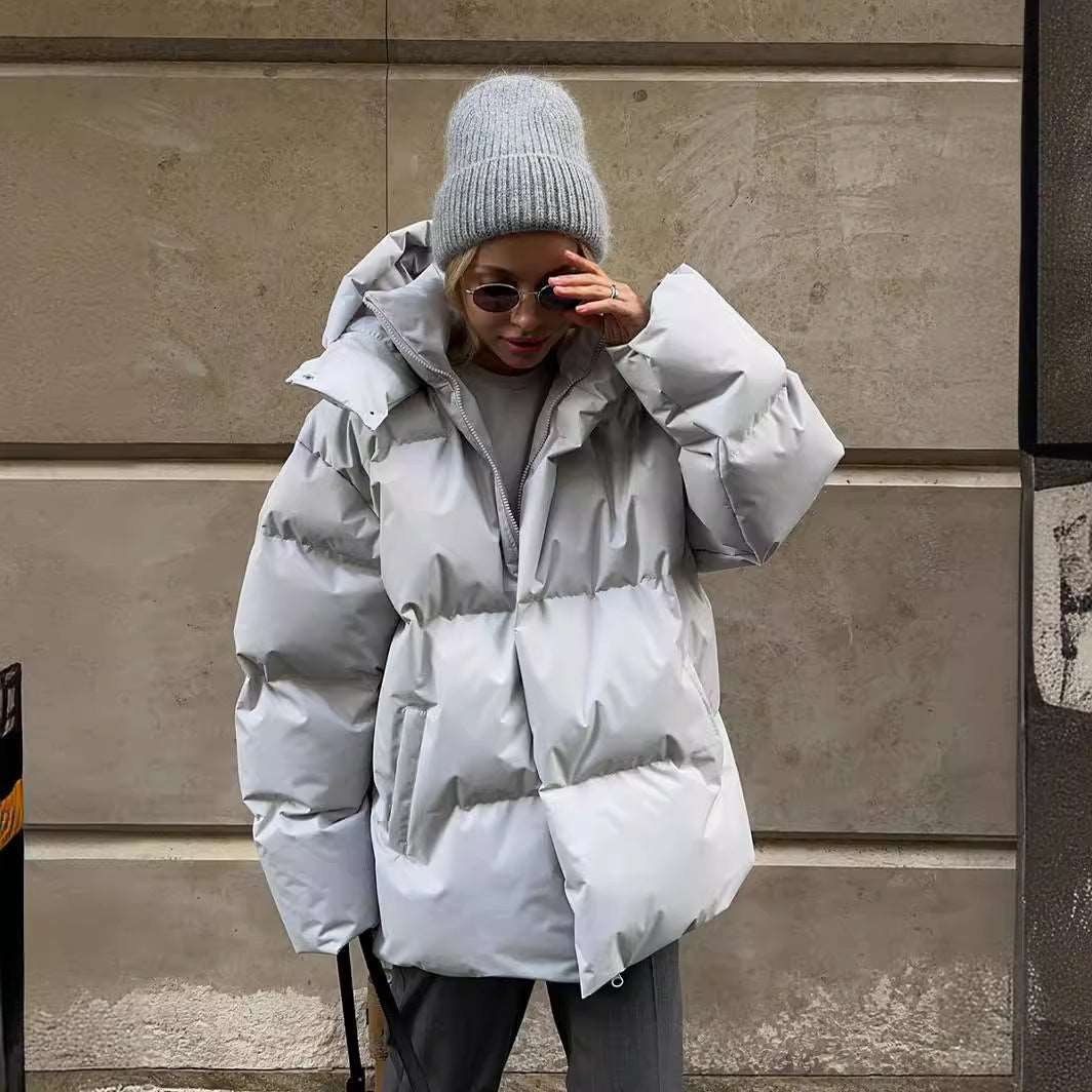 Women's Oversized Hooded Puffer Jacket Stand Collar Full-Zip Chunky