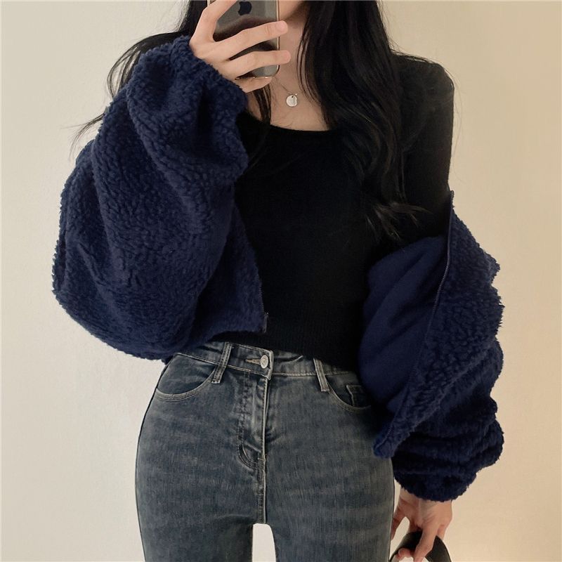Women's Oversized Teddy Fleece Jacket Stand Collar Zip-Up Cropped