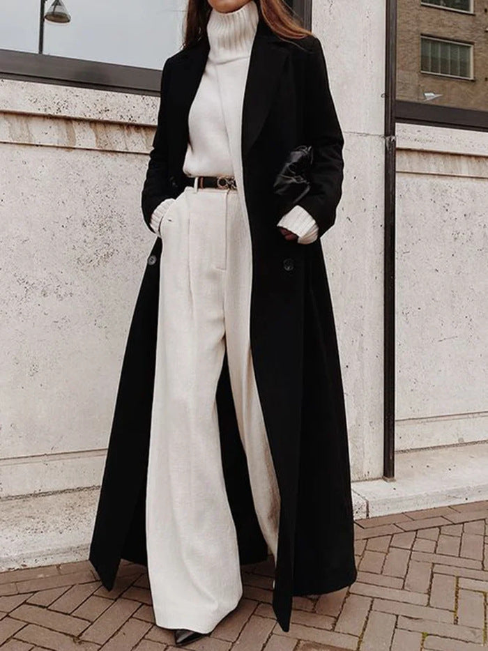 Women's Double-Breasted Wool Coat Notch Lapel Maxi Tailored Longline