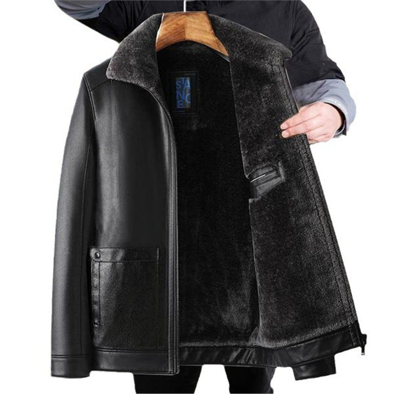 Men's Leather Jacket Faux-Shearling Collar Sherpa-Lined Zip-Up Warm Winter