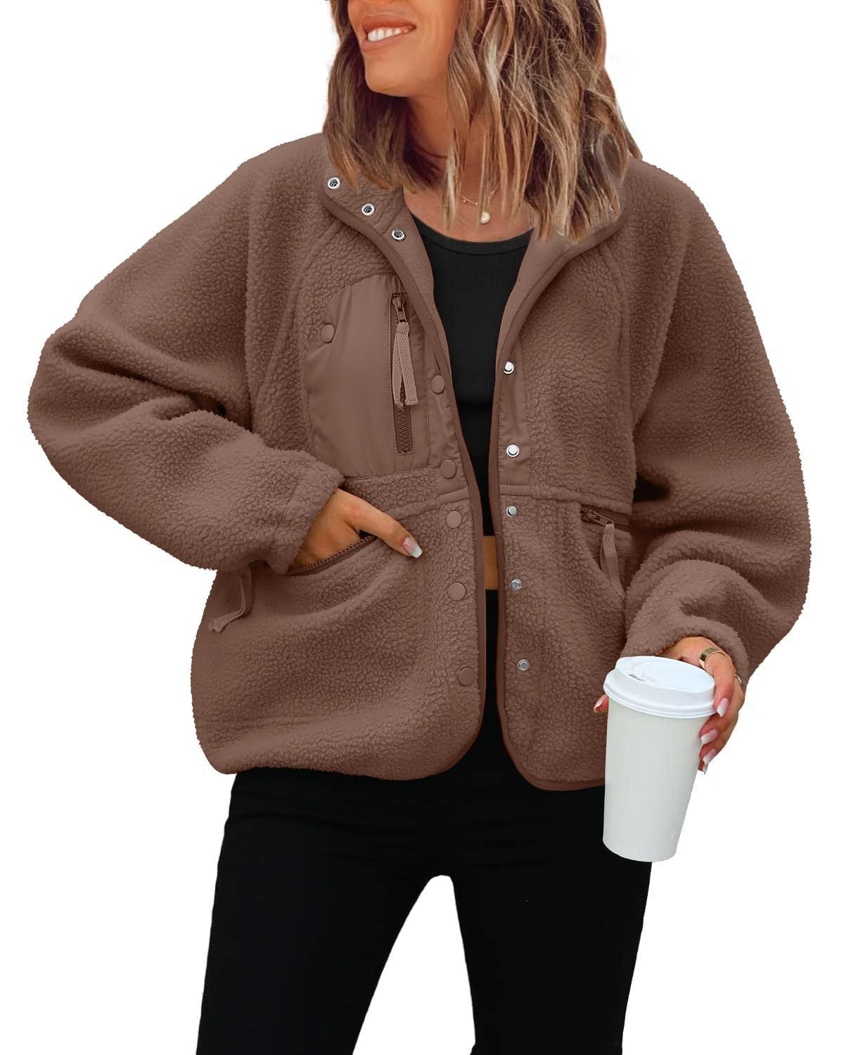 Women's Sherpa Fleece Jacket Snap-Button Zip-Pocket Stand-Collar Relaxed