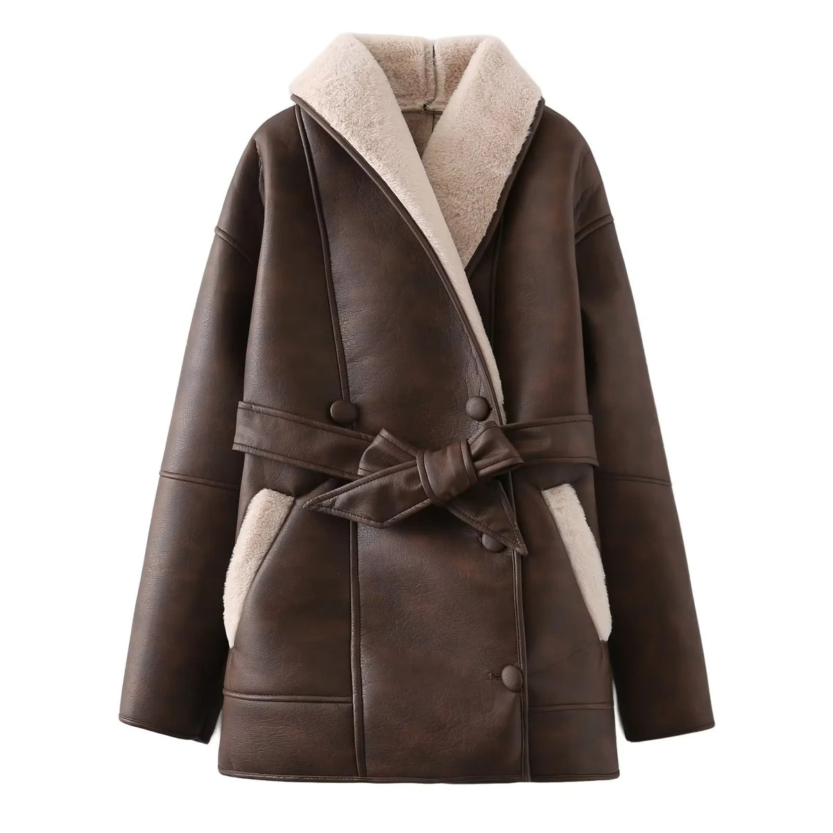 Women's Faux Leather Shearling Coat Faux-Fur Collar Belted Aviator