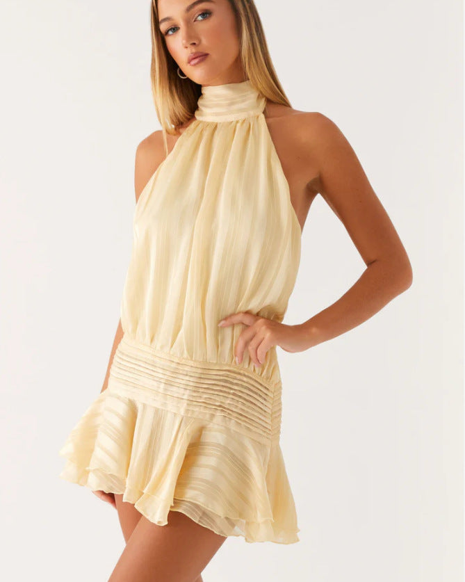 Women's Satin Halter Mini Dress High Neck Ruffle Hem Pleated Padded