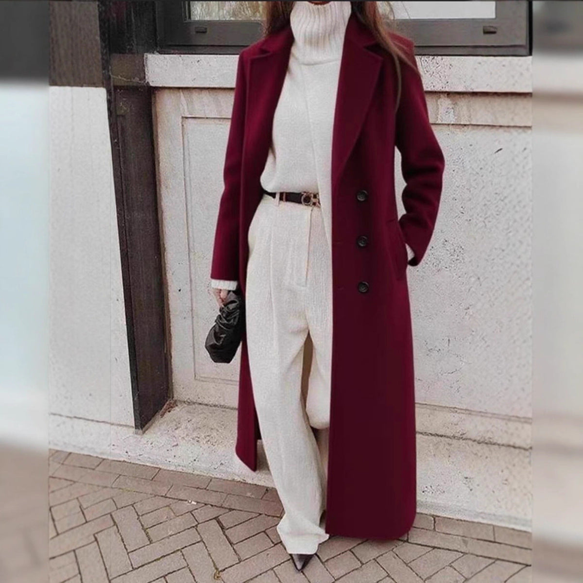 Women's Double-Breasted Wool Coat Notch Lapel Maxi Tailored Longline