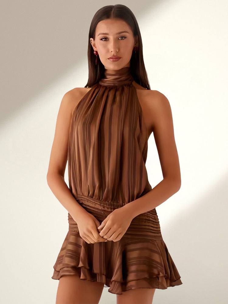 Women's Satin Halter Mini Dress High Neck Ruffle Hem Pleated Padded