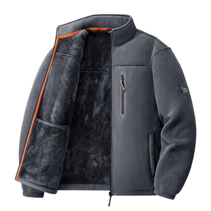 Men's Sherpa-Lined Fleece Jacket Stand Collar Full-Zip Zip-Pocket Warm