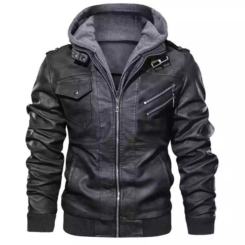 Men's Faux Leather Moto Jacket Removable Hood Asymmetric Zip Biker