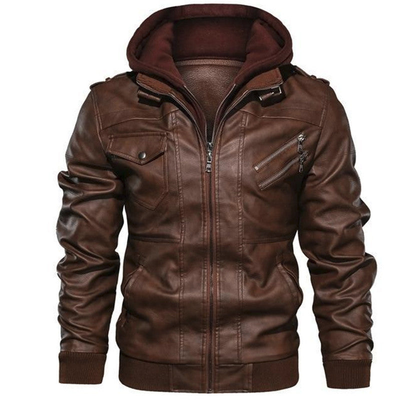 Men's Faux Leather Moto Jacket Removable Hood Asymmetric Zip Biker
