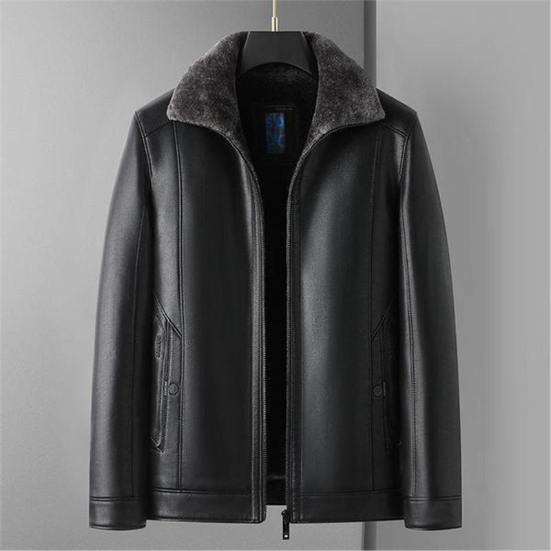Men's Leather Jacket Faux-Shearling Collar Sherpa-Lined Zip-Up Warm Winter