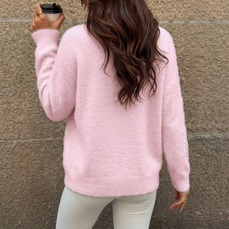 Women's Off-Shoulder Fuzzy Knit Sweater Fluffy Drop-Shoulder Relaxed Pink