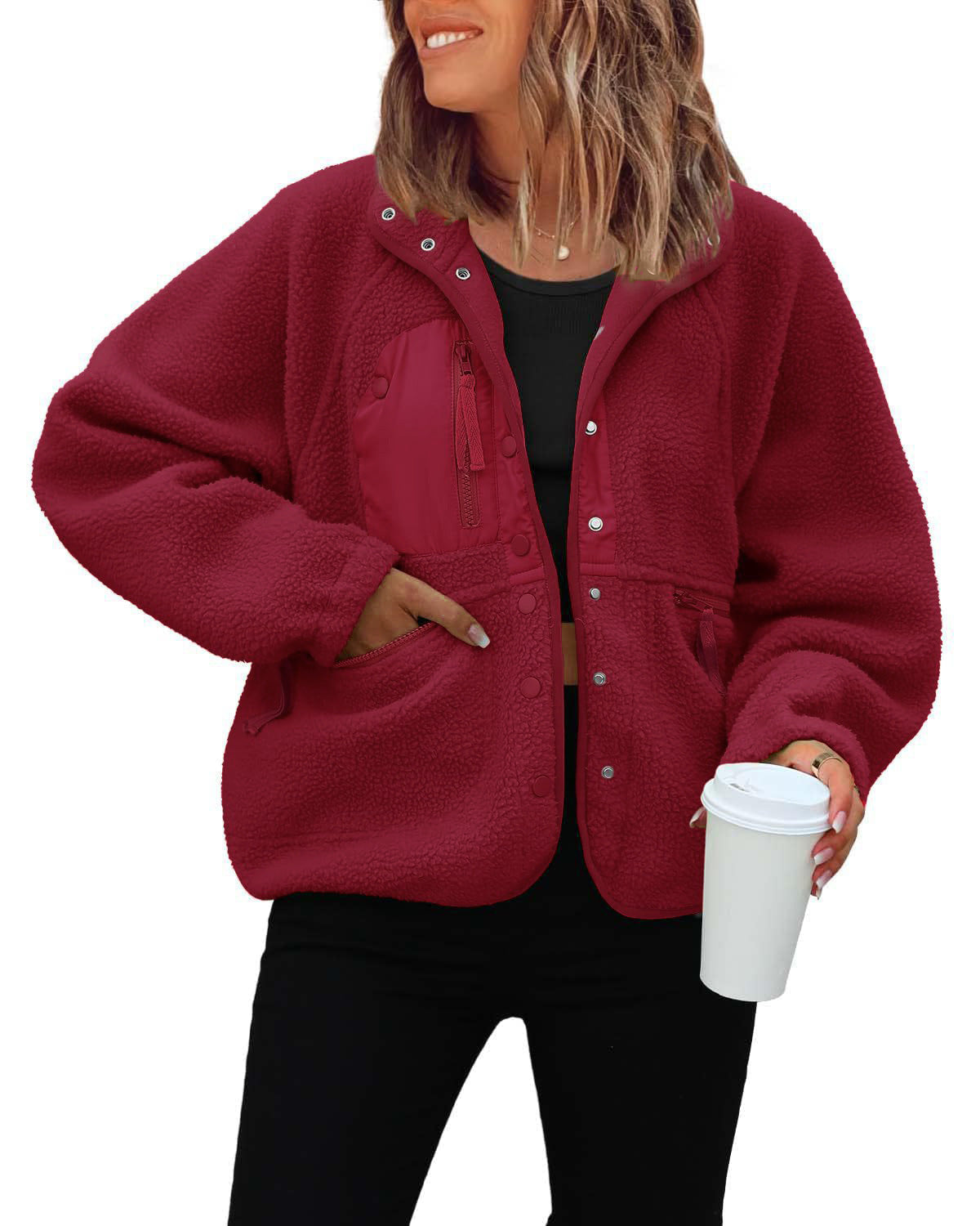 Women's Sherpa Fleece Jacket Snap-Button Zip-Pocket Stand-Collar Relaxed