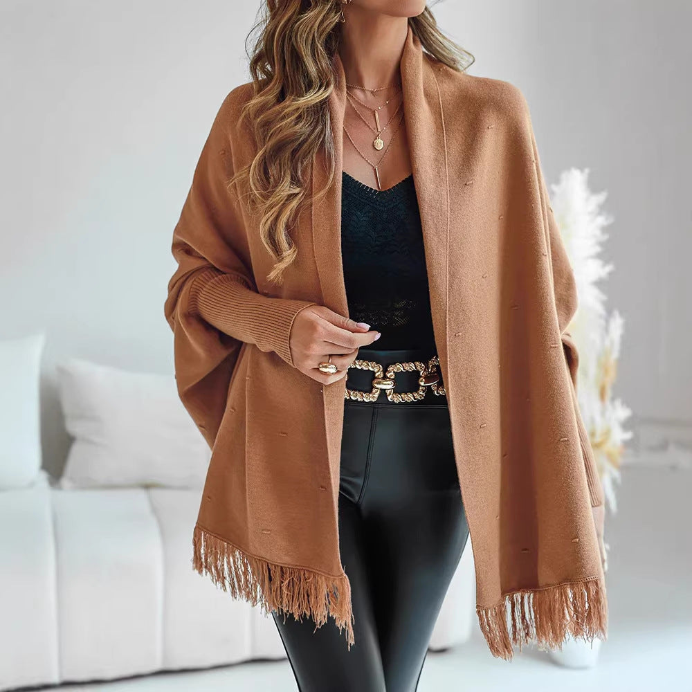 Women's Knit Poncho Cape Fringe Hem Batwing Shawl-Collar Camel