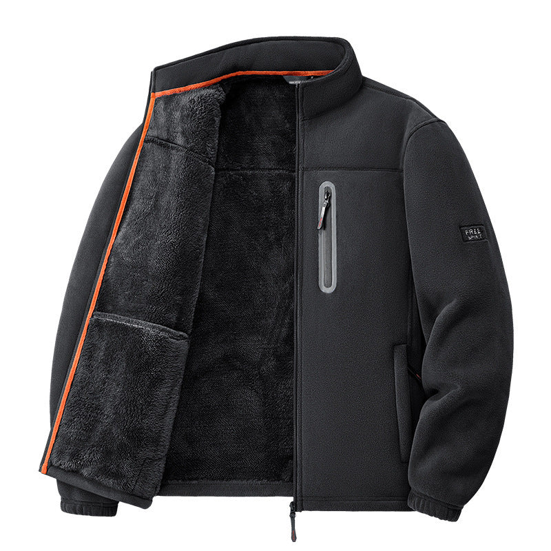 Men's Sherpa-Lined Fleece Jacket Stand Collar Full-Zip Zip-Pocket Warm