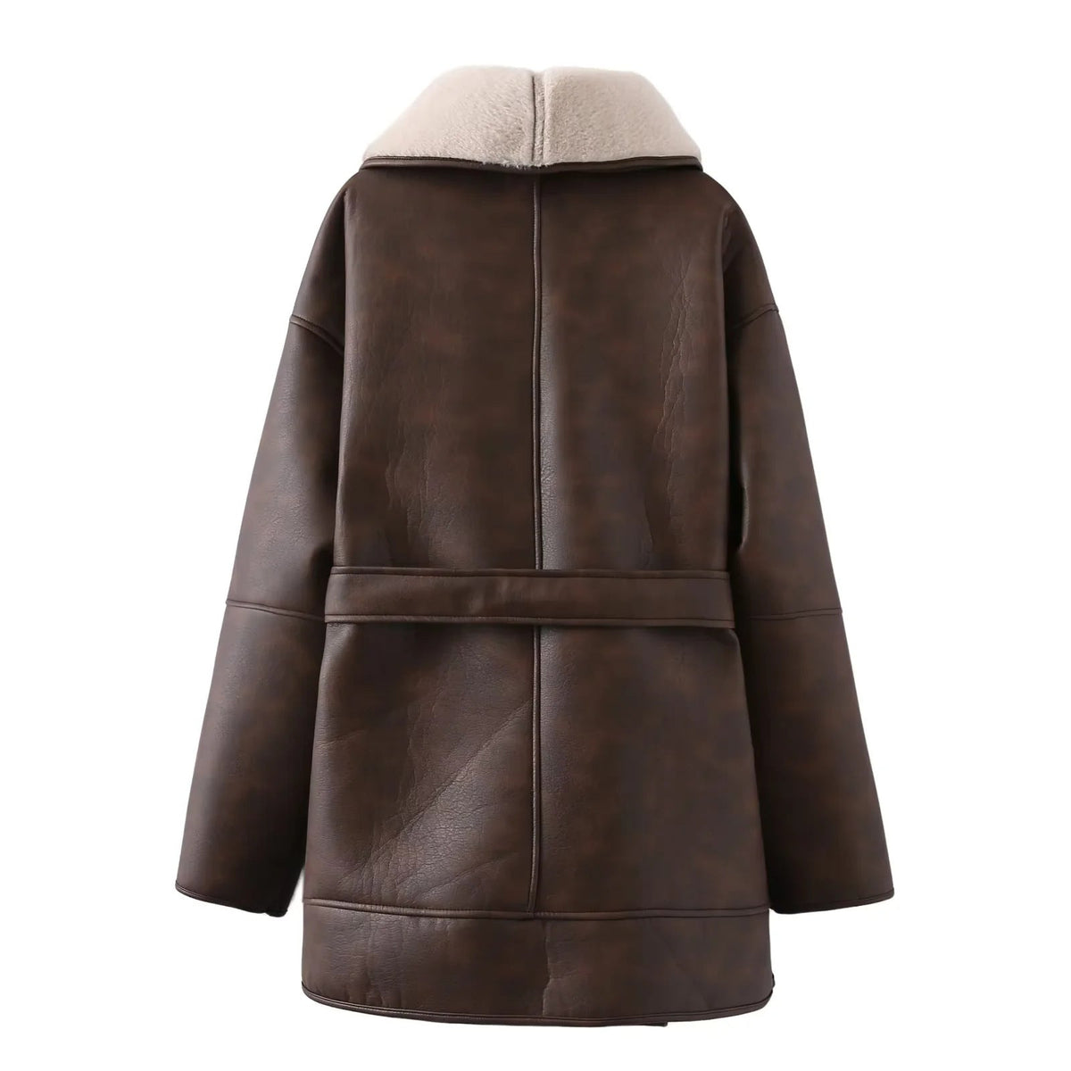 Women's Faux Leather Shearling Coat Faux-Fur Collar Belted Aviator