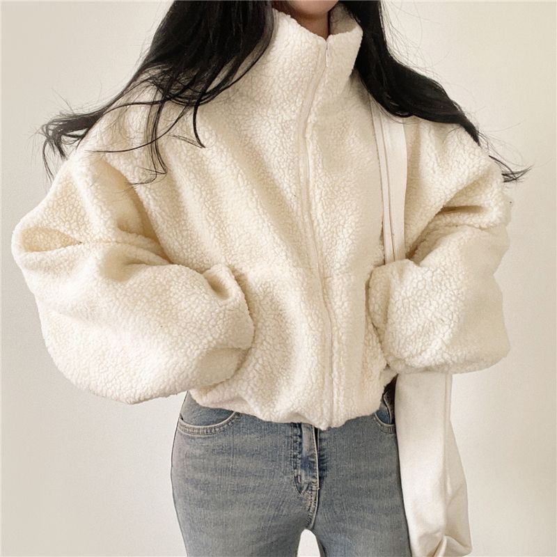 Women's Oversized Teddy Fleece Jacket Stand Collar Zip-Up Cropped