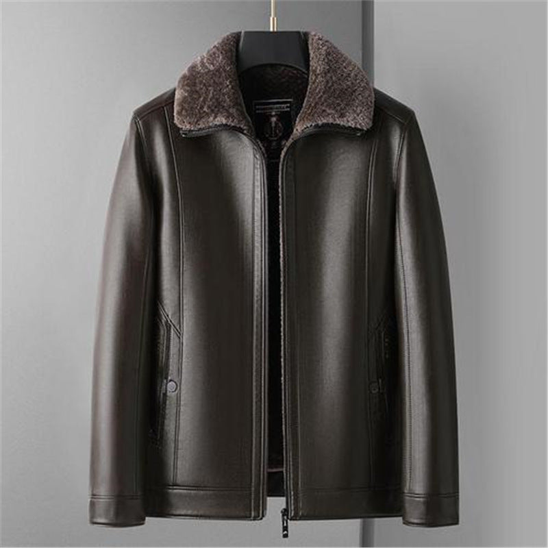 Men's Leather Jacket Faux-Shearling Collar Sherpa-Lined Zip-Up Warm Winter