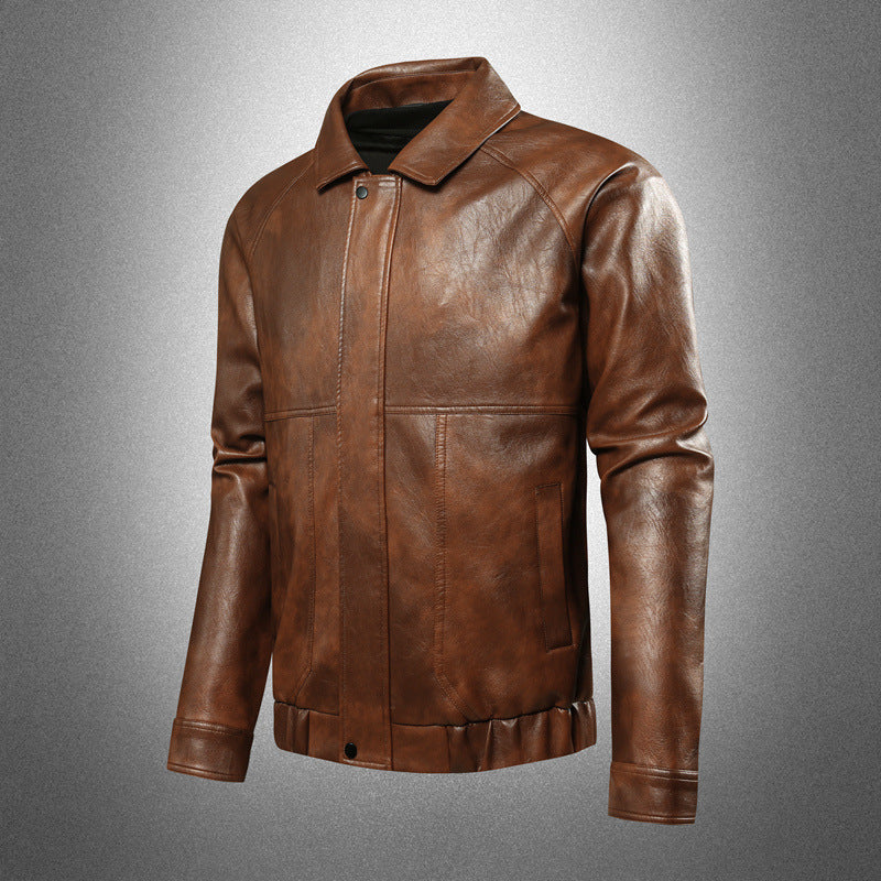 Men's Brown Faux Leather Jacket Spread Collar Zip-Up Classic Moto