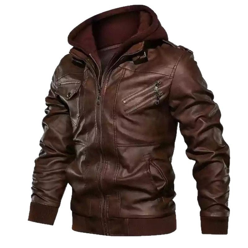Men's Faux Leather Moto Jacket Removable Hood Asymmetric Zip Biker