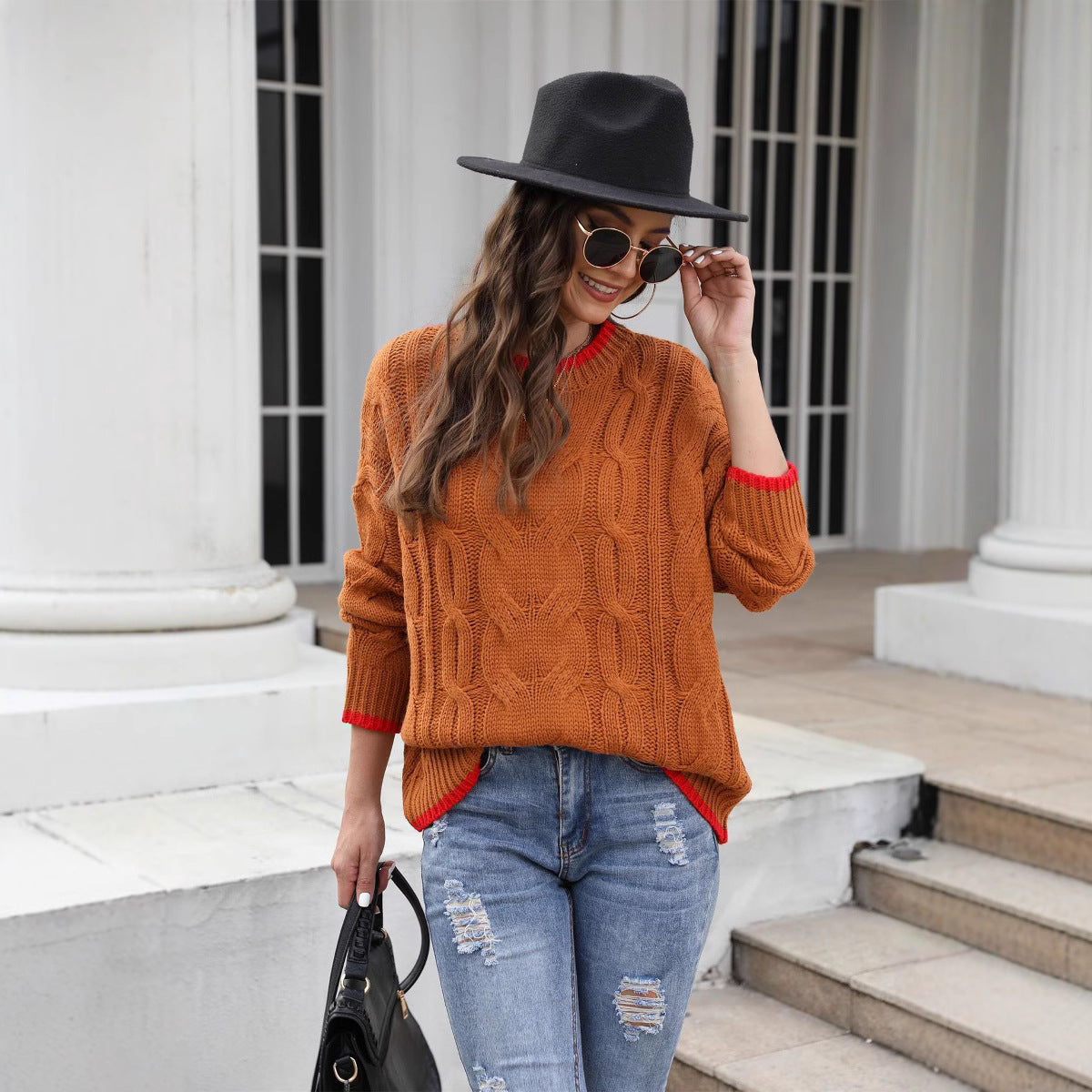 Women's Chunky Cable Knit Sweater Crewneck Contrast-Tip Oversized Relaxed Pullover